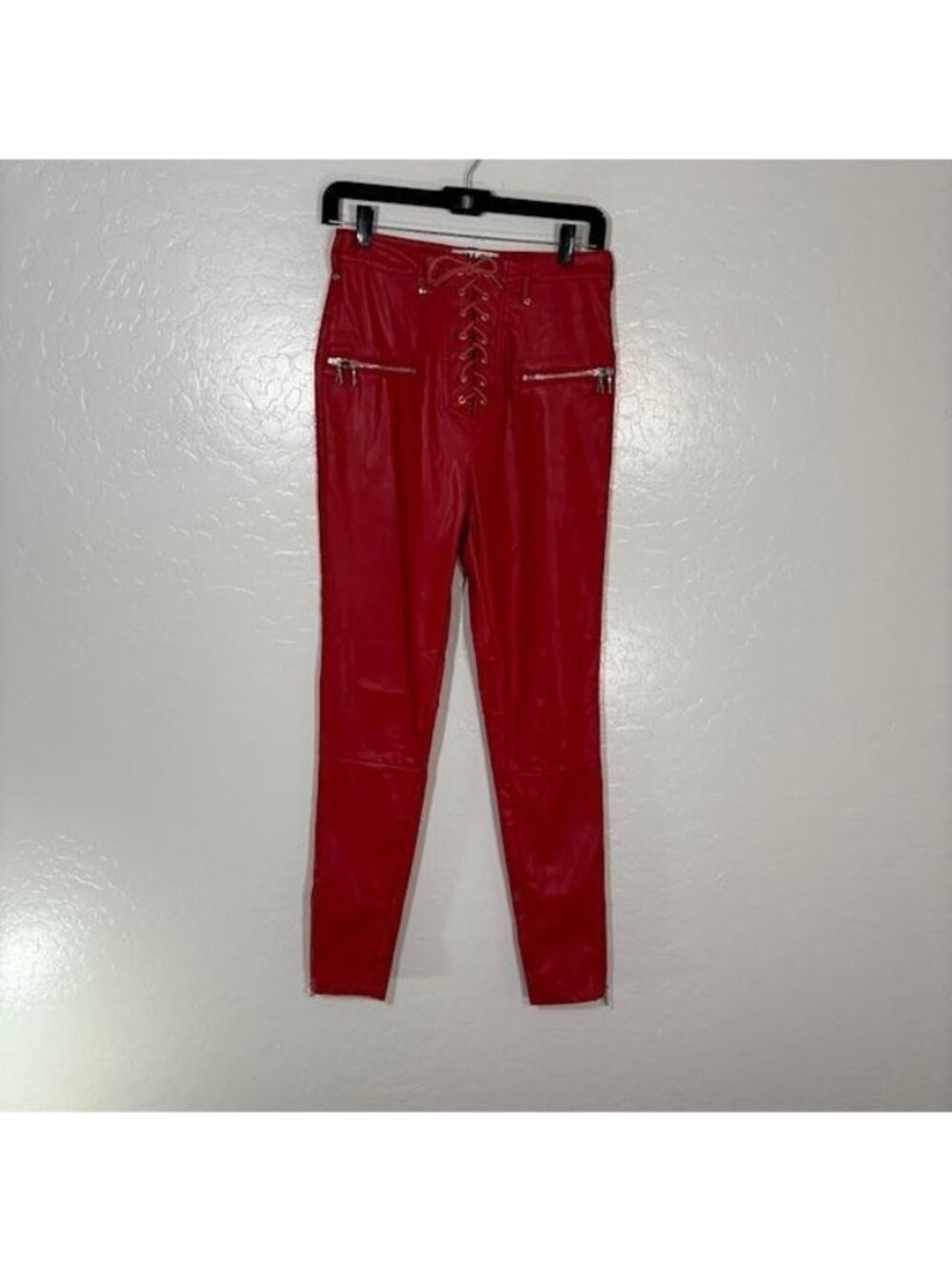 I.AM.GIA Pants Womens Medium Red Faux Leather Lace Up High Rise Skinny Zips